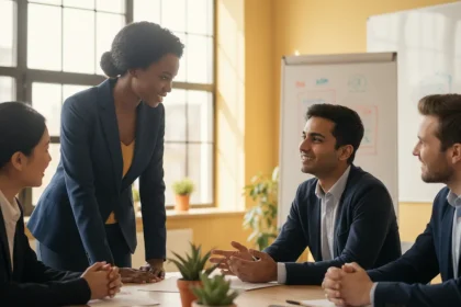 Team con intelligenza emotiva nel lavoro che collabora con empatia e comunicazione efficace in ufficio moderno