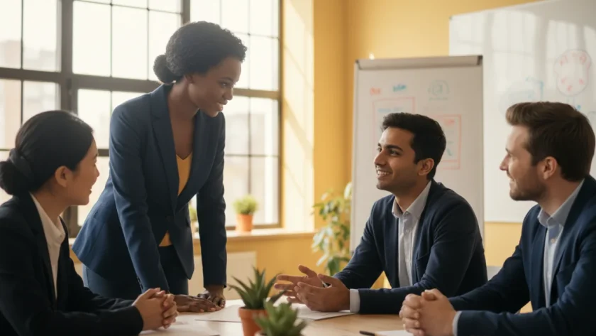 Team con intelligenza emotiva nel lavoro che collabora con empatia e comunicazione efficace in ufficio moderno