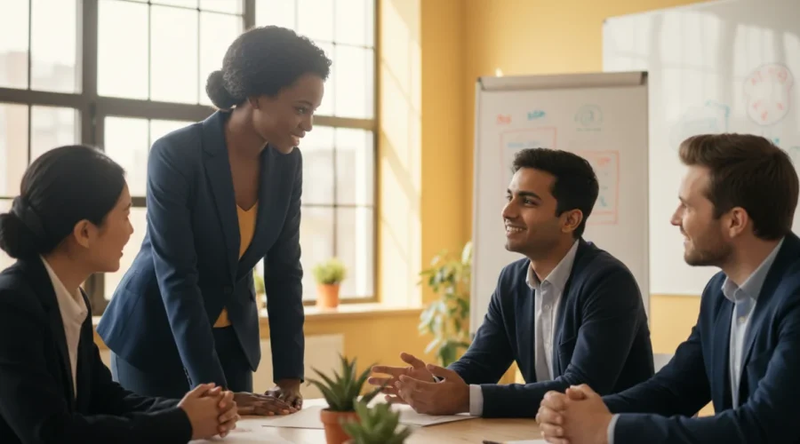 Team con intelligenza emotiva nel lavoro che collabora con empatia e comunicazione efficace in ufficio moderno