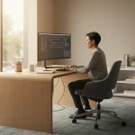 Spazio di lavoro domestico organizzato e produttivo per lavoro remoto da casa con concentrazione ottimale