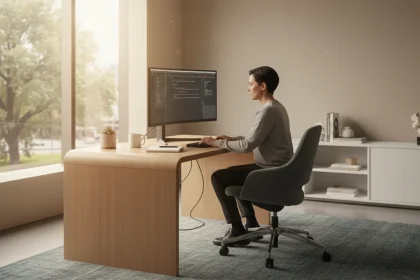 Spazio di lavoro domestico organizzato e produttivo per lavoro remoto da casa con concentrazione ottimale