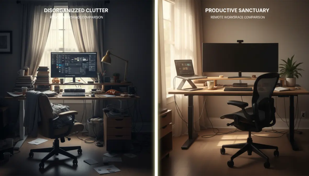 Confronto tra spazio di lavoro disorganizzato e setup home office efficiente per aumentare produttività del lavoro remoto