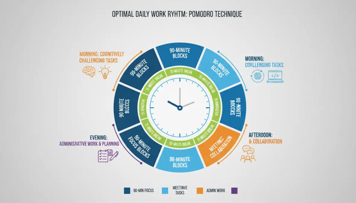 Schema di gestione tempo remoto con blocchi di lavoro intenso e pause per mantenere alta la concentrazione durante la giornata lavorativa
