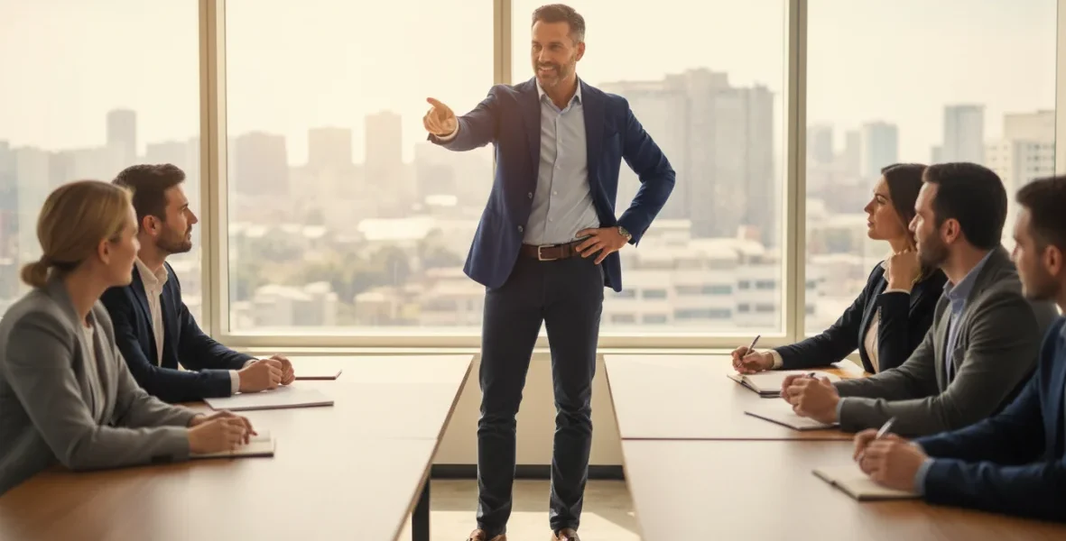 Leader carismatico che guida il suo team con visione strategica e qualità di leadership naturale, illustrando le competenze e caratteristiche essenziali di un leader efficace