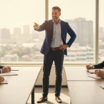 Leader carismatico che guida il suo team con visione strategica e qualità di leadership naturale, illustrando le competenze e caratteristiche essenziali di un leader efficace