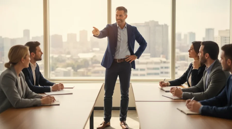 Leader carismatico che guida il suo team con visione strategica e qualità di leadership naturale, illustrando le competenze e caratteristiche essenziali di un leader efficace