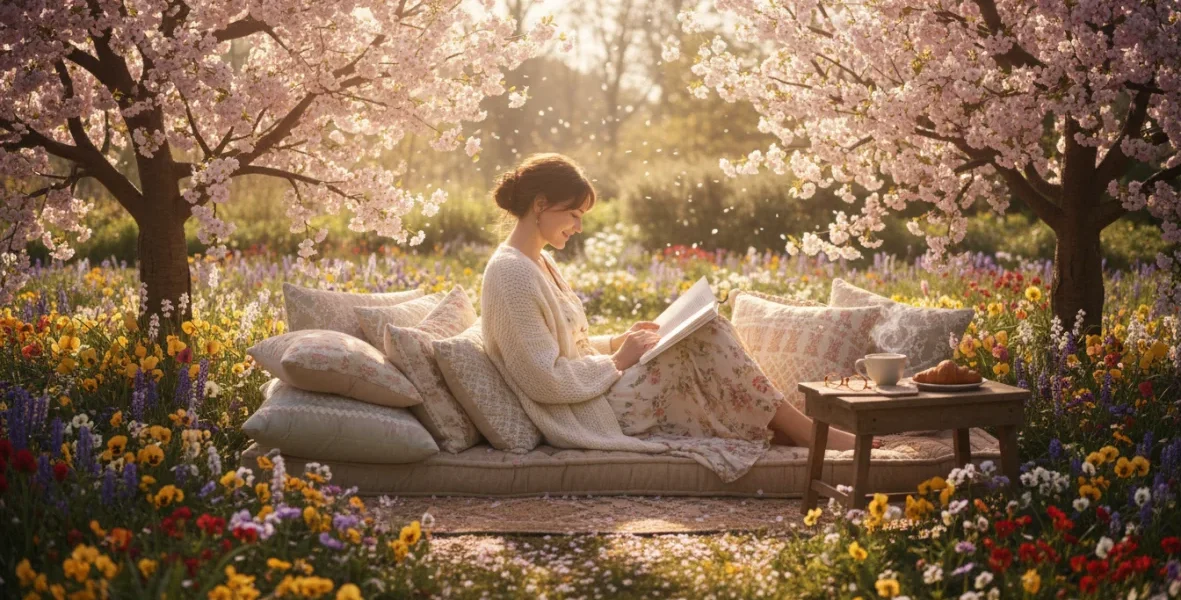 Donna che legge libri in primavera circondato da fiori e piante fiorite nel giardino