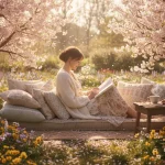 Donna che legge libri in primavera circondato da fiori e piante fiorite nel giardino