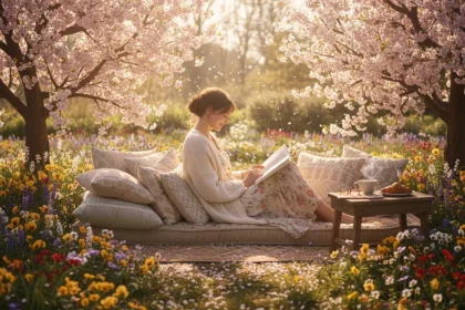Donna che legge libri in primavera circondato da fiori e piante fiorite nel giardino