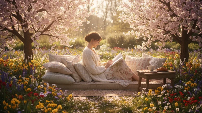 Donna che legge libri in primavera circondato da fiori e piante fiorite nel giardino