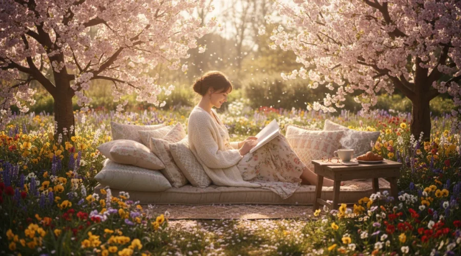 Donna che legge libri in primavera circondato da fiori e piante fiorite nel giardino