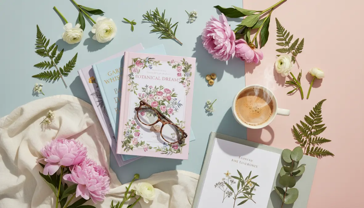 Collezione di libri consigliati per la primavera con fiori freschi e bevande calde