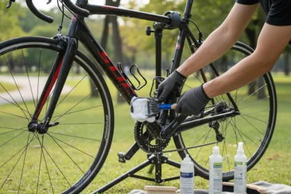 Manutenzione della bicicletta: pulizia e lubrificazione della catena con attrezzi professionali