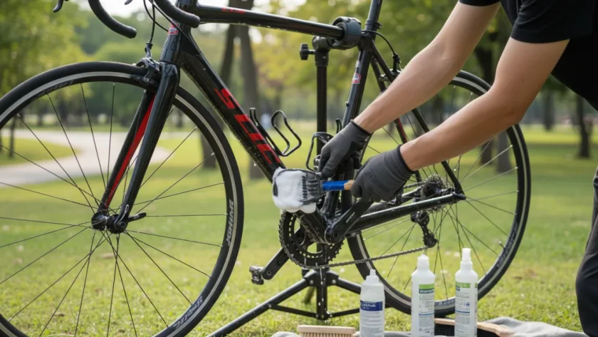 Manutenzione della bicicletta: pulizia e lubrificazione della catena con attrezzi professionali