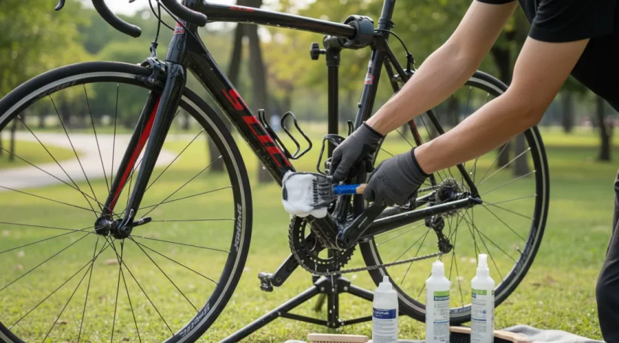 Manutenzione della bicicletta: pulizia e lubrificazione della catena con attrezzi professionali