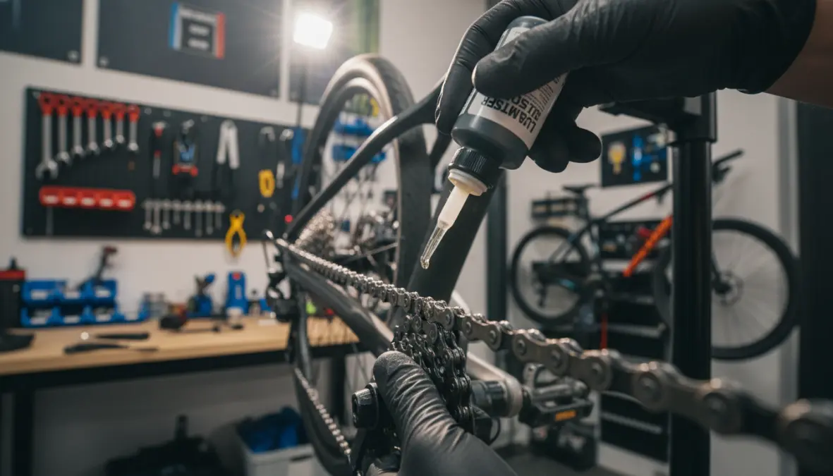 Lubrificazione della catena bicicletta: applicazione corretta di olio lubrificante sui componenti