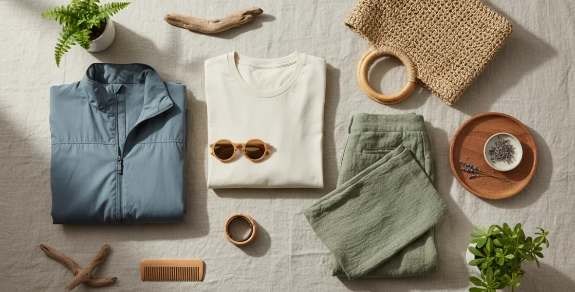 Abbigliamento sostenibile eco-friendly disposto su sfondo naturale con tessuti biologici e materiali riciclati per la moda ecologica