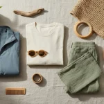 Abbigliamento sostenibile eco-friendly disposto su sfondo naturale con tessuti biologici e materiali riciclati per la moda ecologica
