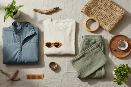 Abbigliamento sostenibile eco-friendly disposto su sfondo naturale con tessuti biologici e materiali riciclati per la moda ecologica