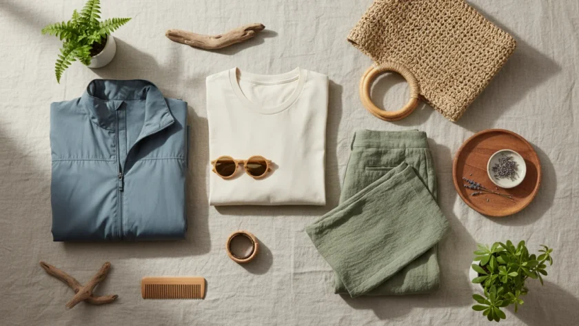 Abbigliamento sostenibile eco-friendly disposto su sfondo naturale con tessuti biologici e materiali riciclati per la moda ecologica