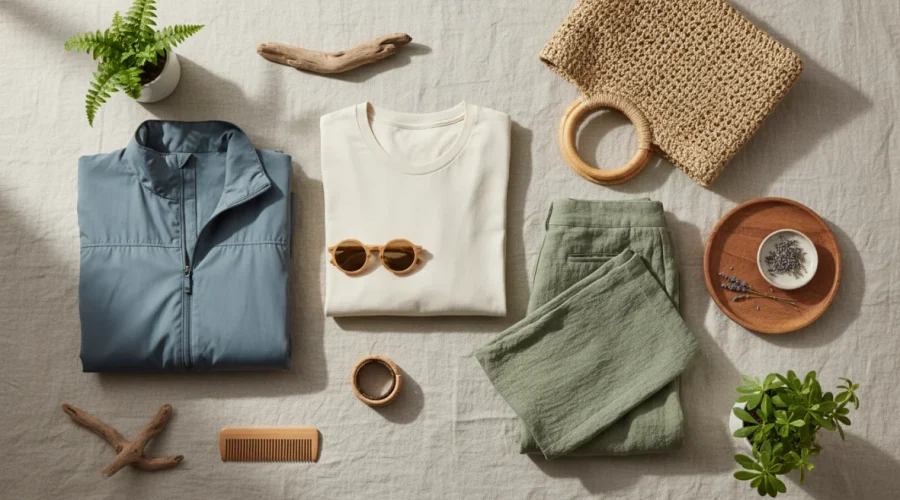 Abbigliamento sostenibile eco-friendly disposto su sfondo naturale con tessuti biologici e materiali riciclati per la moda ecologica