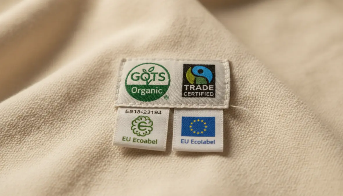 Etichette e certificazioni di moda sostenibile come GOTS e Fair Trade su tessuti biologici certificati