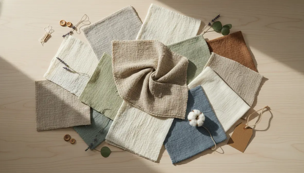 Campioni di tessuti eco-friendly e materiali sostenibili per abbigliamento biologico e moda ecologica