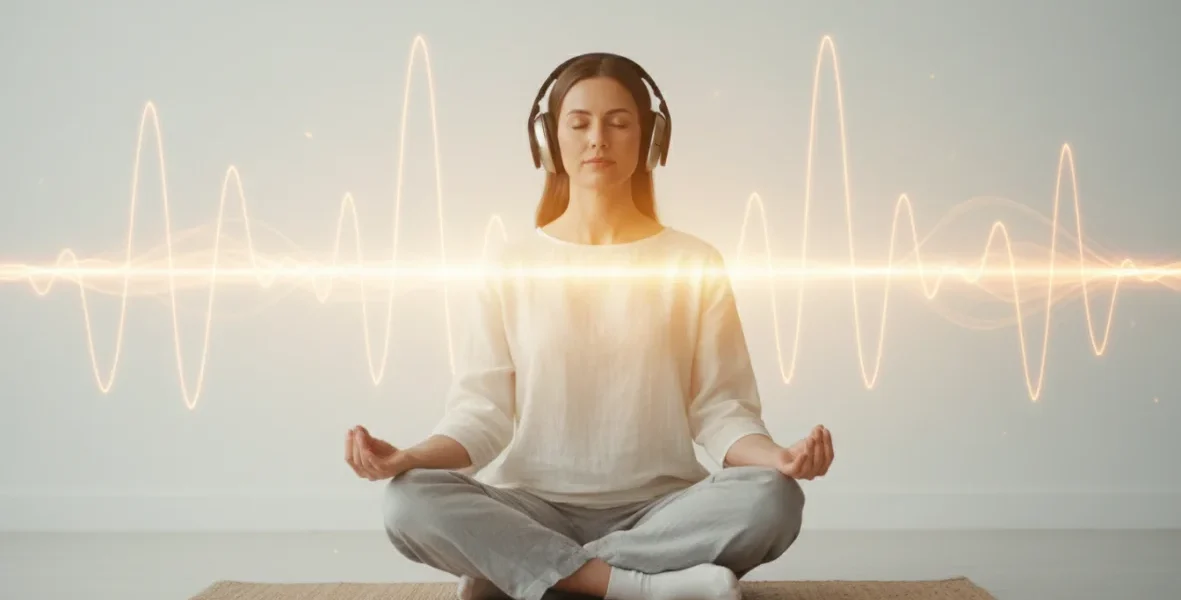 Persona che medita con cuffie in ascolto di musica per il benessere e riduzione dello stress, ambiente tranquillo e luminoso