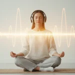 Persona che medita con cuffie in ascolto di musica per il benessere e riduzione dello stress, ambiente tranquillo e luminoso