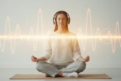 Persona che medita con cuffie in ascolto di musica per il benessere e riduzione dello stress, ambiente tranquillo e luminoso