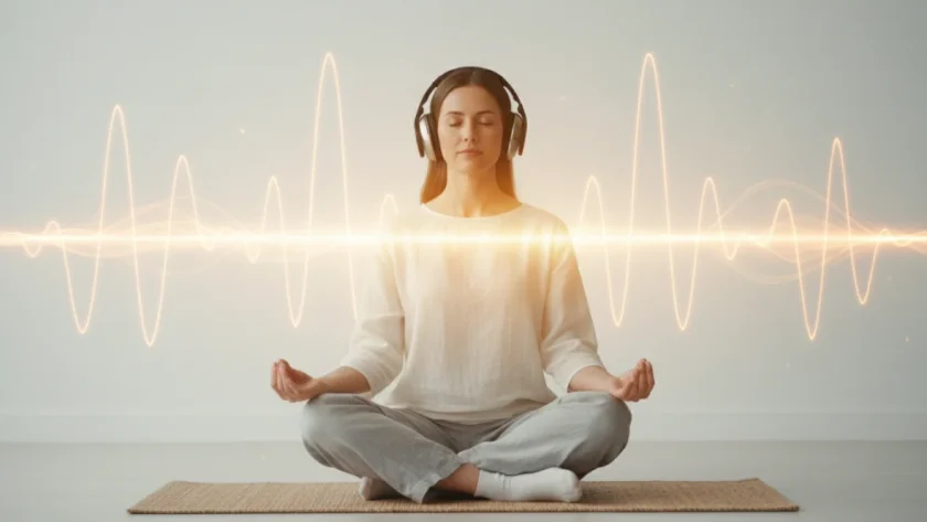 Persona che medita con cuffie in ascolto di musica per il benessere e riduzione dello stress, ambiente tranquillo e luminoso
