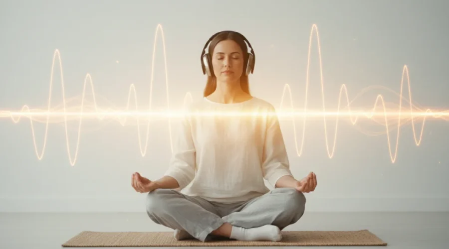 Persona che medita con cuffie in ascolto di musica per il benessere e riduzione dello stress, ambiente tranquillo e luminoso
