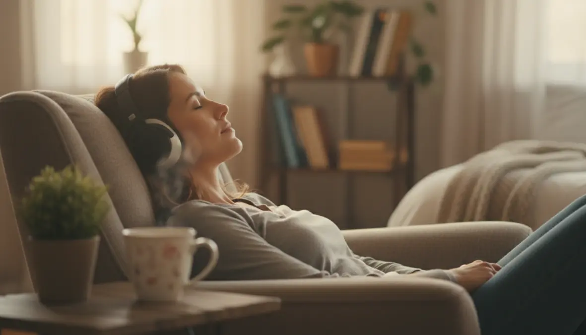 Persona che ascolta musica rilassante con cuffie in ambiente tranquillo, simbolo di musica meditazione e riduzione ansia