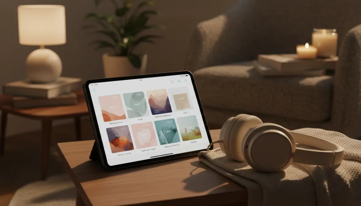 Playlist di musica antistress su app di streaming musicale, rappresentazione di musica per dormire e rilassarsi