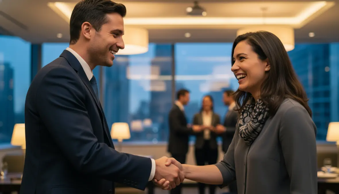 Costruire relazioni professionali autentiche: due professionisti si stringono la mano in un evento di networking
