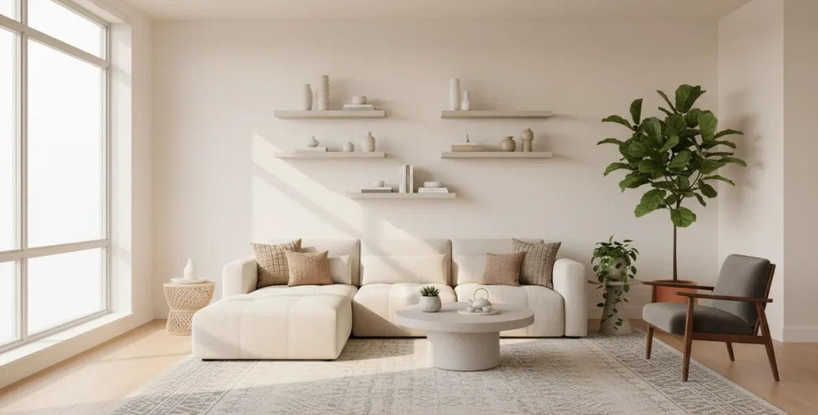 Sala organizzata con decluttering e ordine domestico, spazi puliti e ben organizzati con sistema minimalista