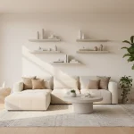 Sala organizzata con decluttering e ordine domestico, spazi puliti e ben organizzati con sistema minimalista