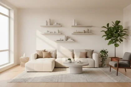 Sala organizzata con decluttering e ordine domestico, spazi puliti e ben organizzati con sistema minimalista