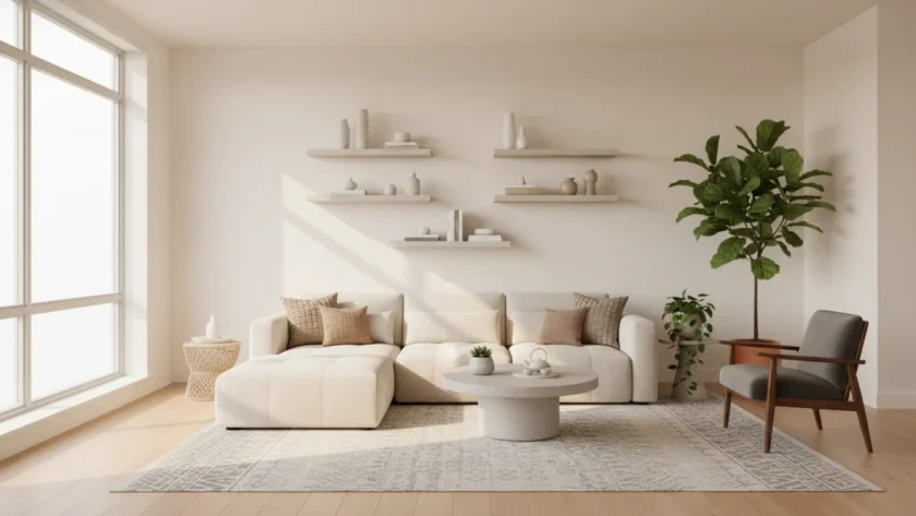 Sala organizzata con decluttering e ordine domestico, spazi puliti e ben organizzati con sistema minimalista