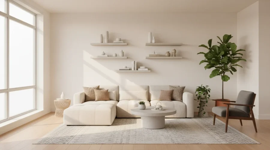 Sala organizzata con decluttering e ordine domestico, spazi puliti e ben organizzati con sistema minimalista