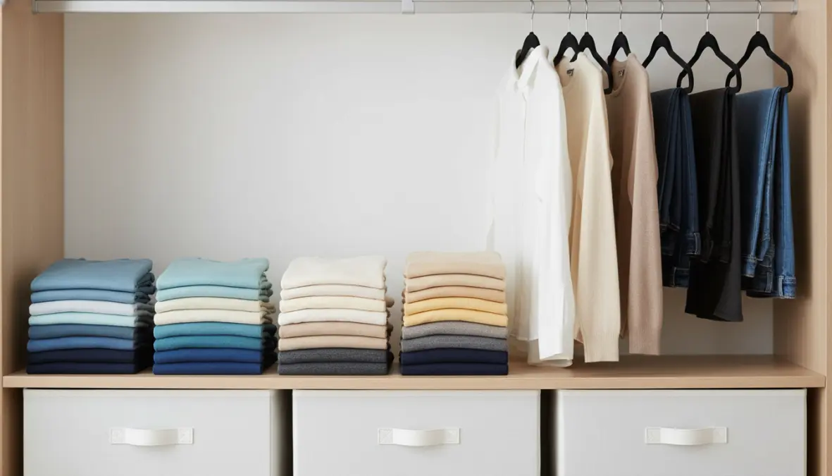 Organizzazione armadio con decluttering: vestiti piegati ordinatamente e organizzati per colore in contenitori trasparenti