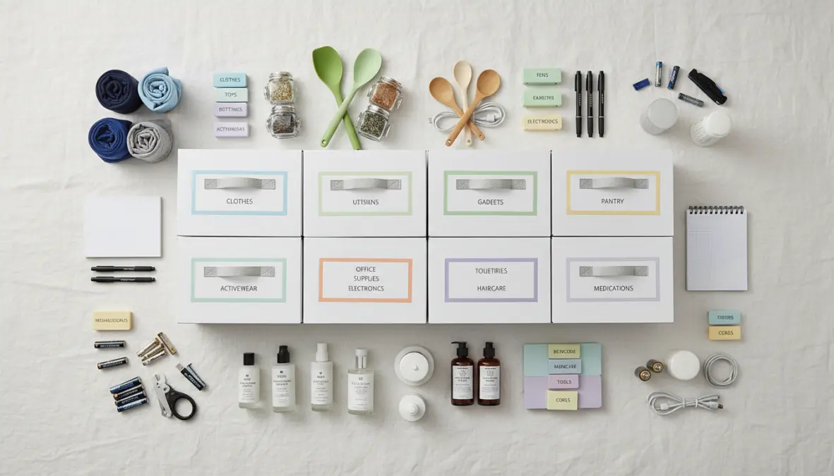 Sistema organizzazione domestica con contenitori etichettati per mantenere ordine e decluttering a lungo termine in casa