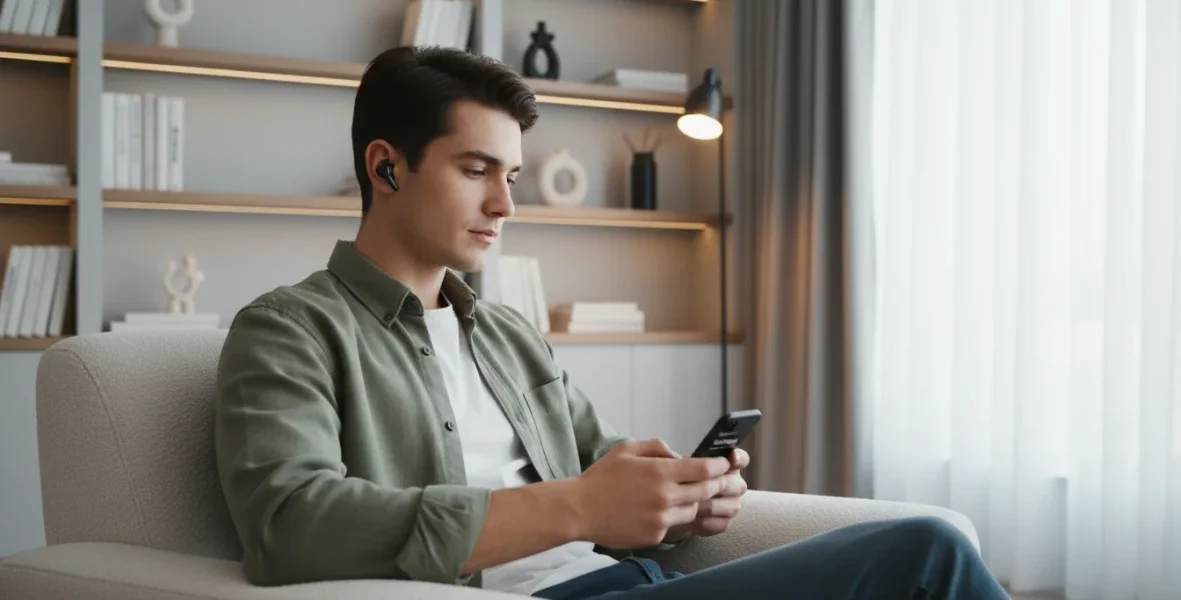 Persona che ascolta podcast educativi su smartphone con auricolari wireless in ambiente accogliente, simbolo di apprendimento attraverso contenuti audio didattici