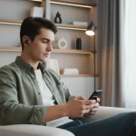 Persona che ascolta podcast educativi su smartphone con auricolari wireless in ambiente accogliente, simbolo di apprendimento attraverso contenuti audio didattici