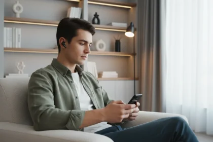 Persona che ascolta podcast educativi su smartphone con auricolari wireless in ambiente accogliente, simbolo di apprendimento attraverso contenuti audio didattici
