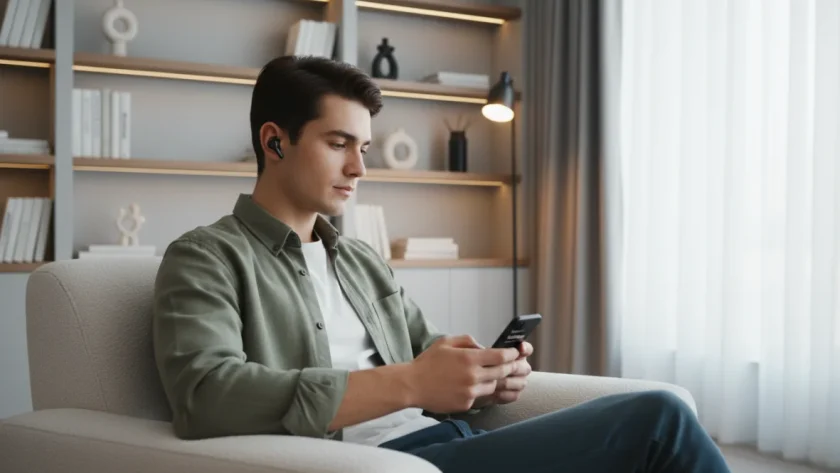 Persona che ascolta podcast educativi su smartphone con auricolari wireless in ambiente accogliente, simbolo di apprendimento attraverso contenuti audio didattici