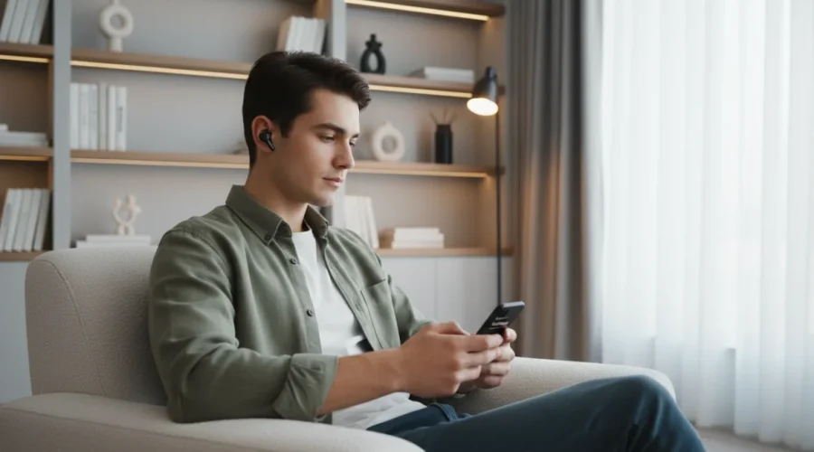 Persona che ascolta podcast educativi su smartphone con auricolari wireless in ambiente accogliente, simbolo di apprendimento attraverso contenuti audio didattici