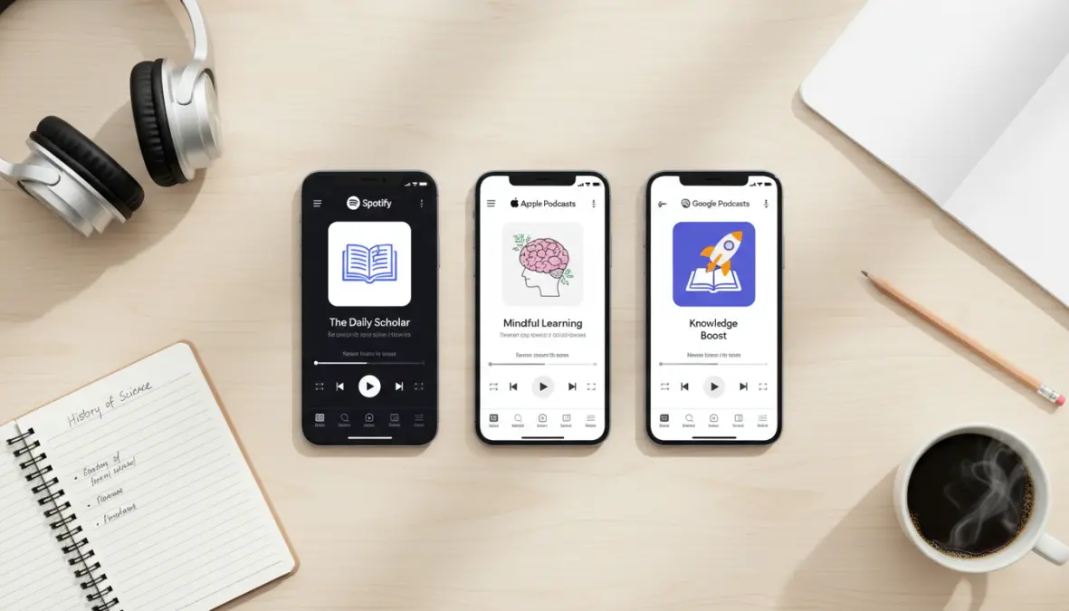 Schermata di app podcast educativi su smartphone con vari programmi didattici visibili, risorse formative digitali per l'apprendimento audio
