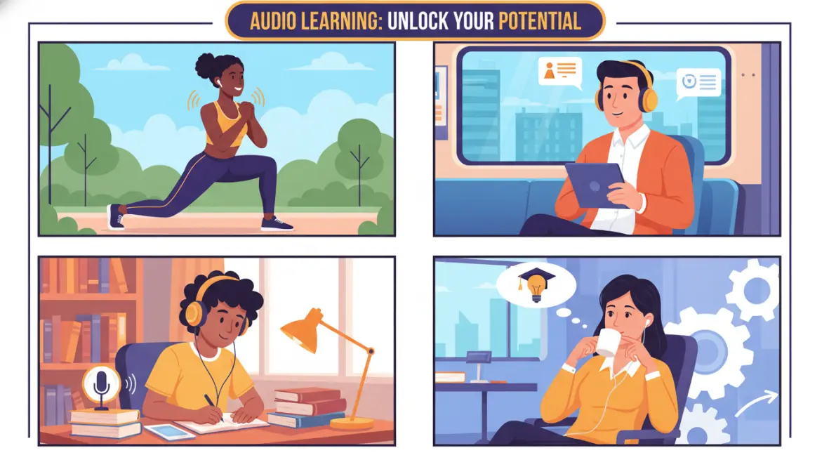 Persone che ascoltano podcast didattici in diversi contesti: durante l'esercizio fisico, il tragitto, lo studio e il lavoro, mostrando flessibilità della formazione attraverso contenuti audio