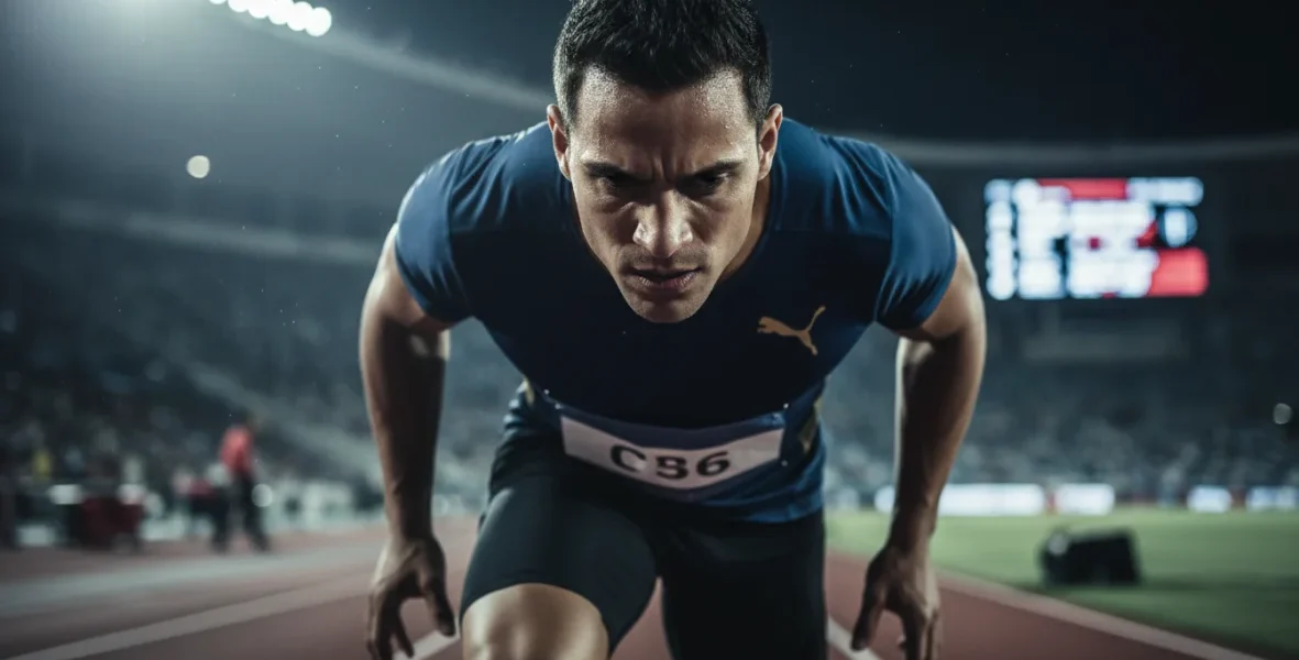 Atleta in concentrazione durante una competizione con preparazione mentale nello sport, illustrazione di focus e performance psicologica